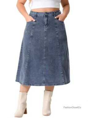 Plus Size High Waist Denim Midi Skirt A-Line Flared Jean Skirt Pockets